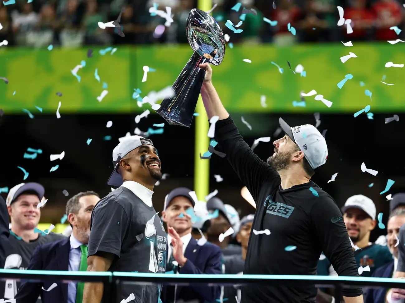 Nick Sirianni lifting the Lombardi trophy with Jalen Hurts