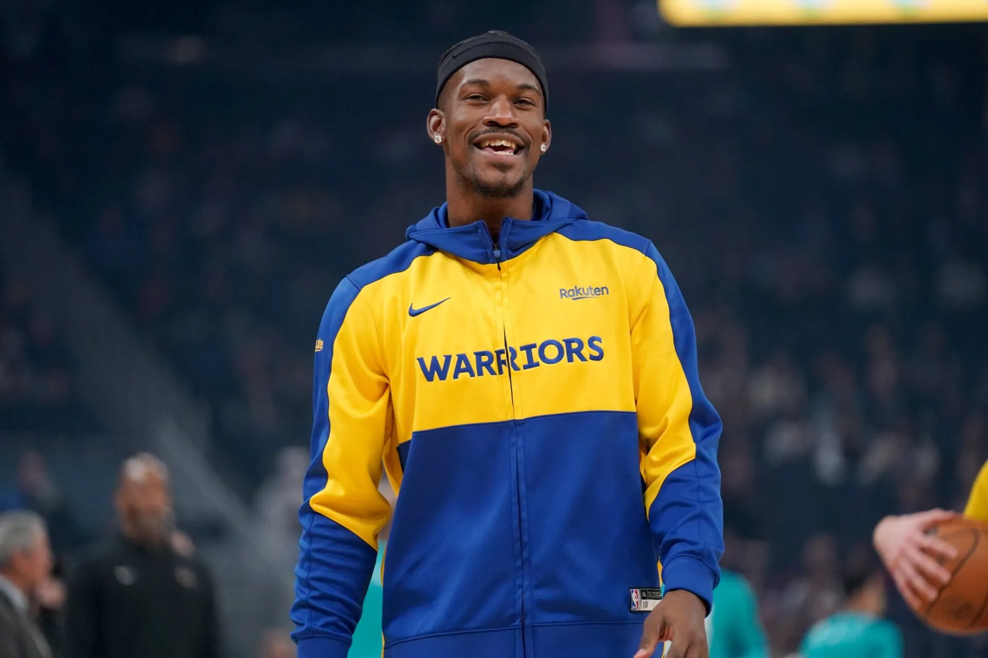 Jimmy Butler in Warriors warmups not playing against the Philadelphia 76ers