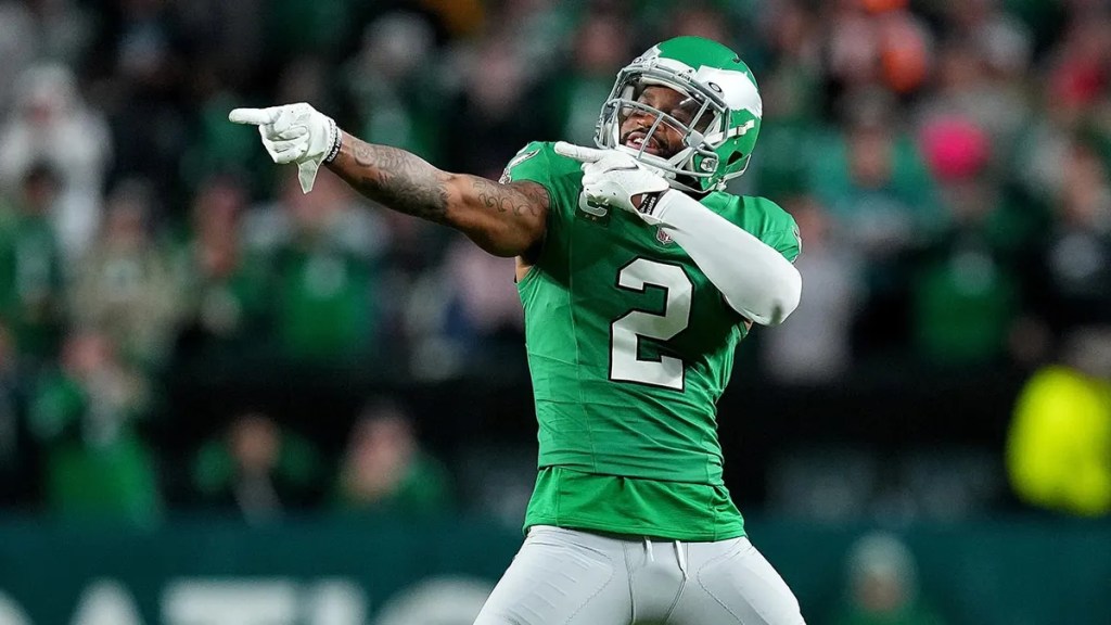 Darius Slay pointing out how awesome he is in Kelly Green in October 2023