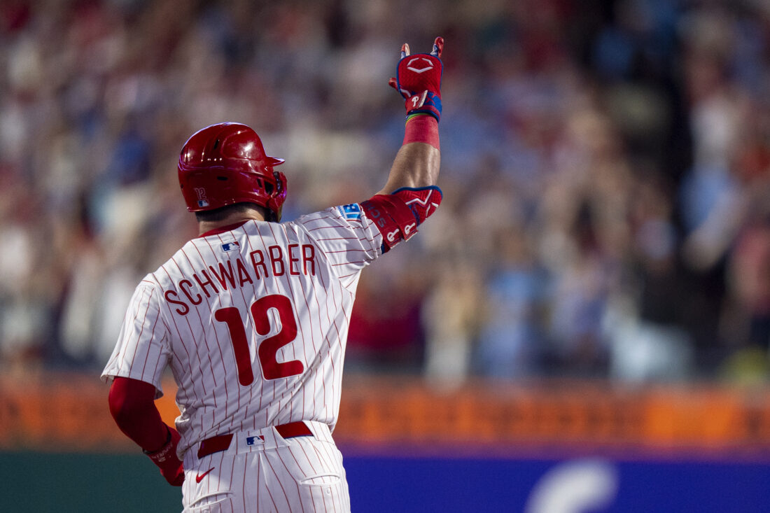 Kyle Schwarber celebrates a homerun for the Phillies